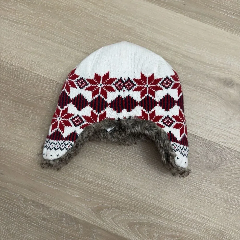 Janie & Jack Fair Isle Trapper Hat Faux Fur Knit Beanie 12-24M Holiday Red White